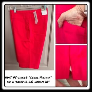 NWT Chicos Perfect Stretch “Coral Fuchsia” 10” inseam flat front 2 (eqv 10-12)